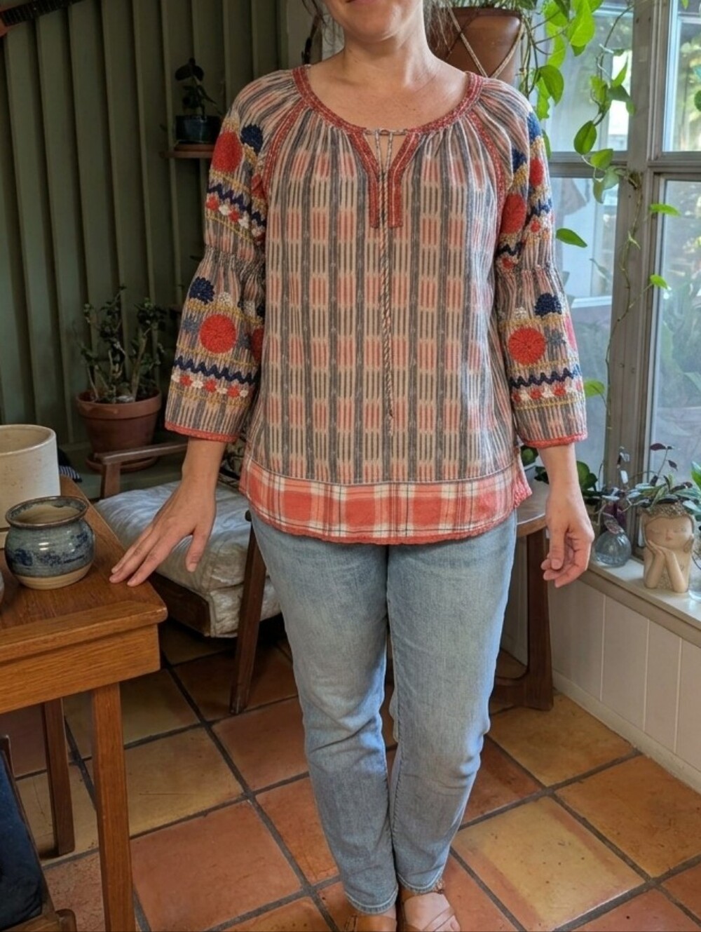 John Mark Striped Linen Blend Top Embroidered.